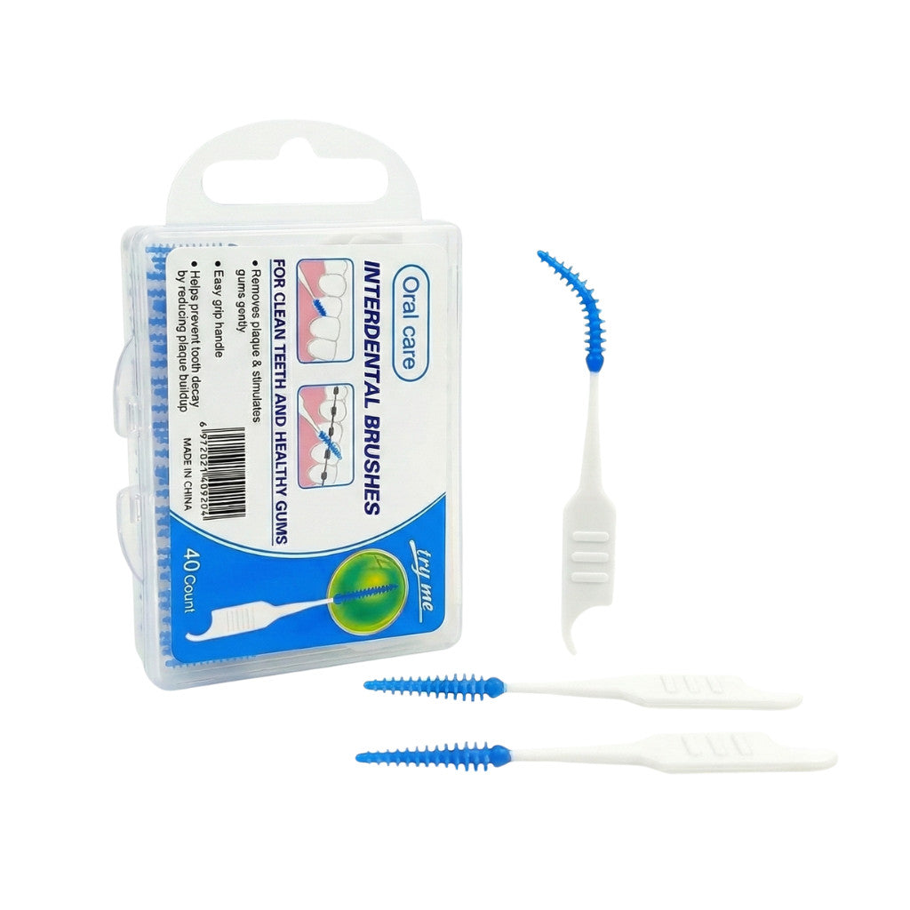 A set of interdental cleaning brushes in a clear plastic case, shown with two white and blue tooth picks on a plain white background.
